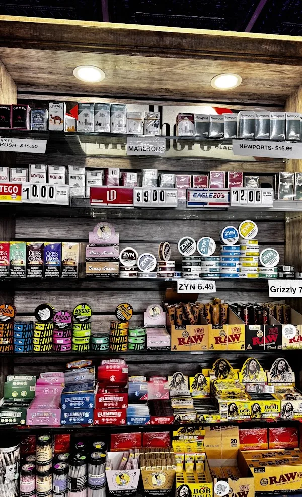 Cigarettes and nicotine pouches behind the counter