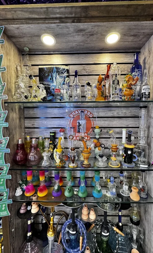 Glass pipes and hookahs on display shelves